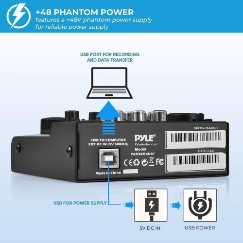 Vista 8 de Pyle - Mezclador de audio Bluetooth de 3 canales - Controlador de sonido DJ con tarjeta de sonido USB para grabación en PC - XLR - Conector