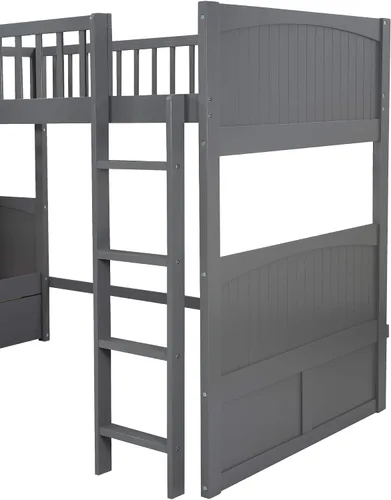 Vista 5 de Harper & Bright Designs Literas triples en forma de L, cama de tamaño individual con una cama alta adjunta, litera de madera con dos cajones de Gris