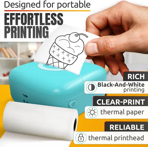 Vista 4 de Mini impresora térmica compatible con iPhone y Android – Mini impresora Bluetooth con 4 rollos de calcomanías, 2 rollos térmicos