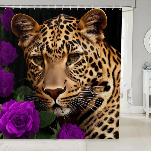 Vista 17 de Cortina de ducha con estampado de leopardo y gato con rosas rojas, 72 pulgadas de ancho x 72 pulgadas de largo, juego de cortina de ducha con flores