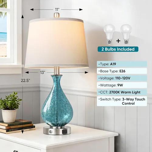 Vista 2 de QiMH Juego de 2 lámparas de mesa de cristal para sala de estar y dormitorio, luz LED de 22.5 pulgadas con control táctil, azul de 3 vías regulables