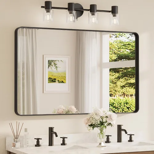 Vista 93 de Espejo de marco dorado cepillado de 16 x 24 pulgadas, espejo de tocador de baño de latón dorado para pared, espejo enmarcado rectangular de esquina