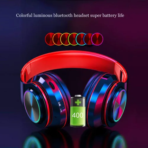 Vista 2 de Auriculares Bluetooth sobre la oreja, auriculares con luces LED y micrófono incorporado, ligeros, Bluetooth 5.0, auriculares HiFi estéreo