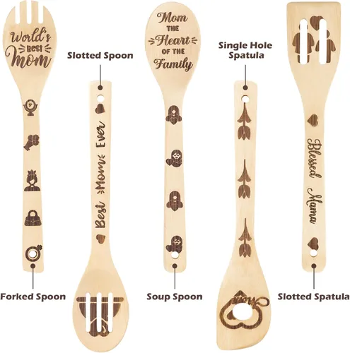 Vista 2 de Eartim Cucharas de madera para el Día de la Madre, juego de 5 cucharas de cocina antiadherentes, cucharas de bambú quemadas, espátula ranurada