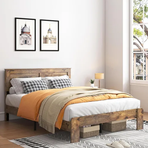 Vista 9 de Marco de cama tamaño matrimonial con cabecero, color marrón oscuro Marco de cama de plataforma de madera rústica con soporte de 12 listones