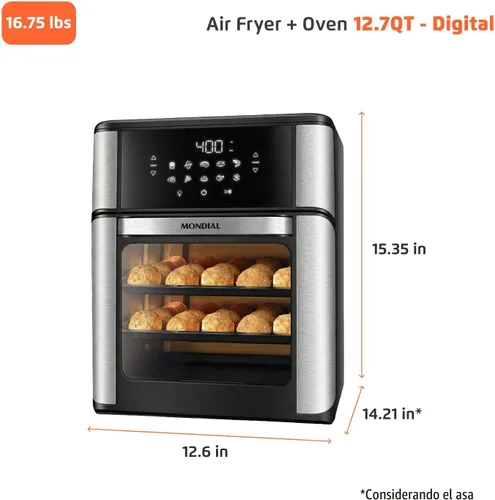 Vista 9 de Horno freidora de aire 1800W, capacidad de 12.7 cuartos de galón, panel de pantalla táctil, apagado automático - negro y acero inoxidable - Mondial