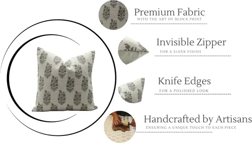 Vista 5 de Funda de cojín cuadrada de lino puro con estampado de bloques a mano de 14 x 14 pulgadas, para sofá, sillón y cama, decoración de primavera y otoño