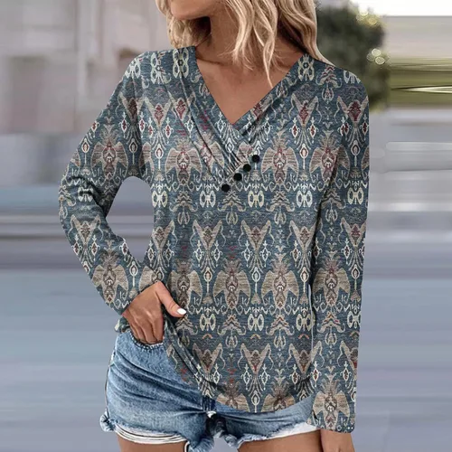 Vista 4 de Camisas de gran tamaño para mujer, con botones, cuello en V, estampado gráfico, blusa básica de manga larga
