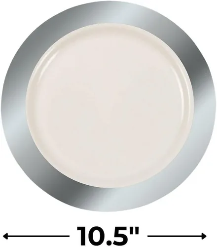 Vista 3 de Fun Express Platos llanos de plástico marfil de alta calidad con borde plateado, elegante juego de vajilla desechable para bodas y fiestas, 25 piezas