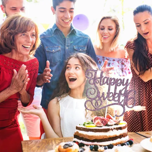 Vista 2 de Happy Sweet 16 - Decoración para tartas de cumpleaños de 16 años, decoraciones de feliz cumpleaños de 16 años para niñas y niños, purpurina morada