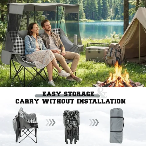 Vista 4 de Silla de campamento doble con toldo plegable de gran tamaño con techo, silla de césped resistente de 660 libras con bolsillo para soportes