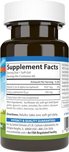 Vista 2 de Carlson - Co-Q10, 100 mg, Producción de energía y función cardíaca, 60 cápsulas blandas
