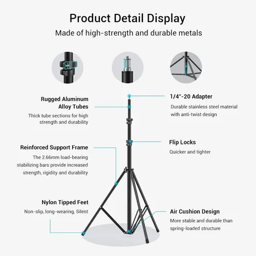 Vista 4 de SMALLRIG Soporte de luz para fotografía de 110 pulgadas/9.2 pies/280cm, soporte de trípode de aluminio acolchado con aire con tornillo de 1/4