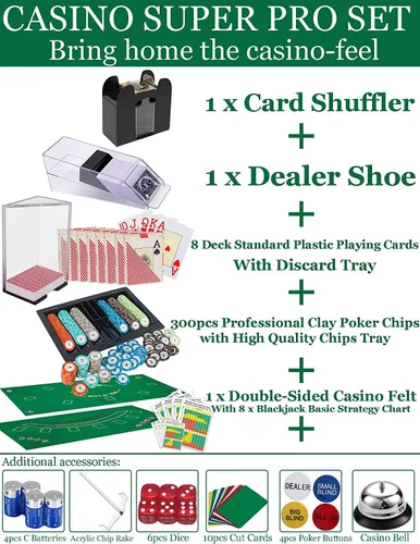 Vista 2 de Juego de Casino Definitivo: Barajador de 6 Mazos+300 Fichas de Alta Gama+8 Cartas de Póker Profesionales de Plástico+Dispensador de Cartas+Rastrillo