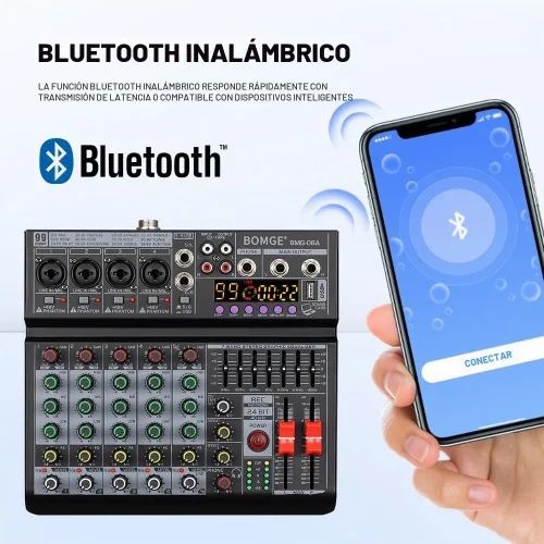 Vista 4 de BOMGE 06A Mezclador de audio DJ profesional de 6 canales, controlador de DJ mezclador de sonido con 99 efectos DSP, ecualizador de 7 bandas