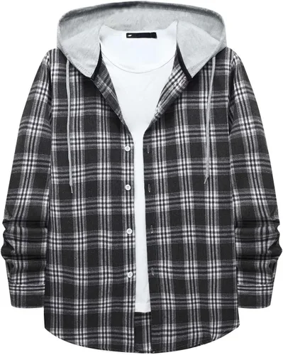 Vista 26 de Aymnlox Sudaderas con capucha para hombre, de manga larga, a cuadros, con botones, con capucha, casual, elegante, con cordón, 2024 #A01-Red
