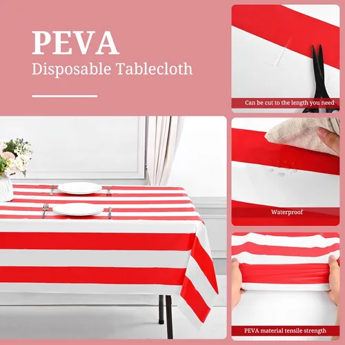 Vista 4 de Paquete de 20 manteles rectangulares de plástico a rayas rojas, impermeables, de 54 x 108 pulgadas, desechables de carnaval, circo, clásico, rojo