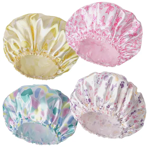 Vista 10 de 4 piezas de gorros de ducha para mujer, gorros de baño con estampado, gorro de ducha de doble capa reutilizable e impermeable, gorros de ducha
