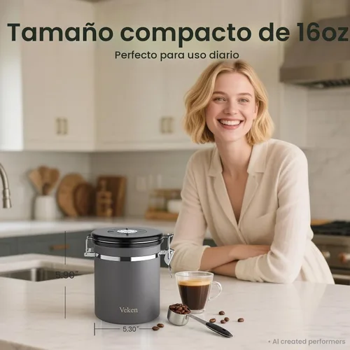 Vista 2 de Veken - Recipiente hermético para café de acero inoxidable, contenedor de almacenamiento de alimentos para la cocina con registro de fecha y cuchara