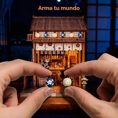 Vista 7 de Kit de rincón de libros para adultos, kit de casa de muñecas Sakura japonesa, kit de casa en miniatura con luz LED, mini kit de construcción Bar