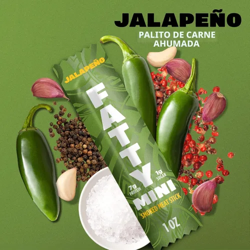 Vista 5 de FATTY Mini palitos de carne cecina, Jalapeño Minis, 1 oz. Tamaño de 0.27 oz de proteína por palo; hecho con carne de res alimentada con pasto, cerdo