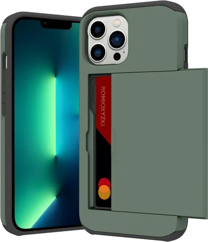Vista 104 de ZIYE Compatible con iPhone 12 Pro Max Funda tipo cartera con tarjetero, Funda de dos capas antiarañazos con bolsillo oculto, Funda protectora a Verde