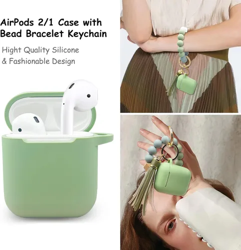Vista 6 de Funda compatible con AirPods, funda protectora de silicona suave con llavero de pulsera, compatible con Apple AirPods de 2ª generación de 1ª Verde