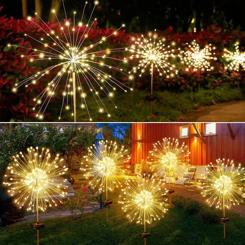 Vista 5 de JJGoo Luces solares para exteriores, fuegos artificiales, paquete de 2, 120 luces LED solares impermeables para exteriores, jardín, patio, valla