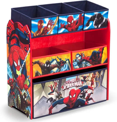 Vista 5 de Estantería para libros y juguetes Delta Children, en color gris/azul y organizador de juguetes Spider Man con contenedores de madera de ingeniería