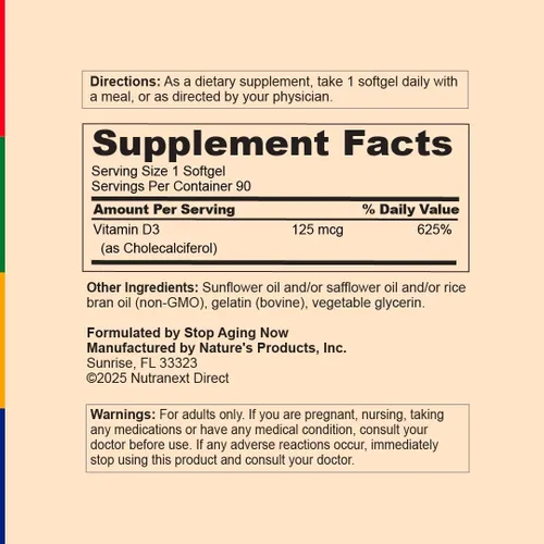 Vista 4 de Stop Aging Now - Cápsulas blandas de suplemento de vitamina D3 D-Pure (5000 UI) - 90