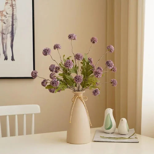 Vista 3 de Pompon Mum Flores artificiales, 6 flores de tallo largo de seda sintética a granel, mini crisantemos falsos para bricolaje, centros de mesa, Morado