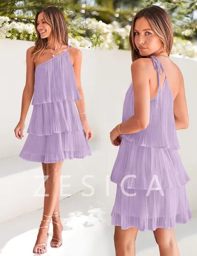 Vista 5 de ZESICA Vestido corto bohemio de verano para mujer, con un hombro, sin mangas, con volantes, escalonado, de gasa, plisado, acampanado, para mujer
