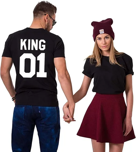 Vista 4 de Conjunto de 2 camisetas de tamaño King Queen a juego para parejas, San Valentín, cumpleaños, boda, Blanco