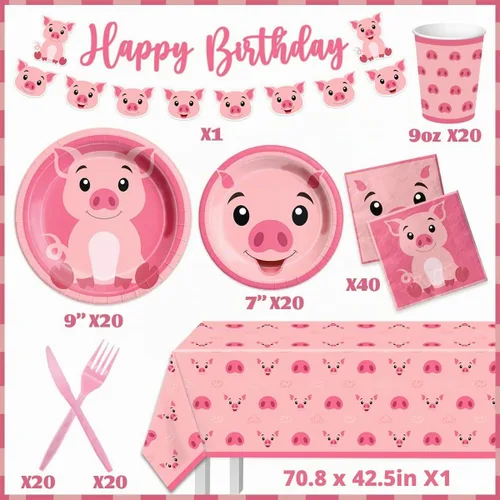 Vista 3 de Decoraciones de cumpleaños de cerdo, juego de vajilla de cerdo de granja de 143 piezas, platos temáticos de cerdo rosa y servilletas, suministros