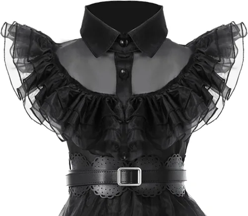 Vista 3 de Moiegouct Wednesday Addams - Disfraz de Addams, vestido negro de Addams, disfraz de fiesta de Halloween para niños y niñas con peluca, cinturones