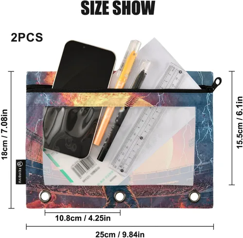 Vista 3 de Binder Pouches Baseball Fire Pencil Pouch for 3 Ring Binder 2 Pack Clear Pencil Bag with Zipper for Office School Supplies