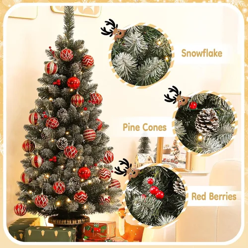 Vista 3 de Decoway Árbol de Navidad de 4 pies preiluminado, mini árboles artificiales con base de maceta dorada, nieve flocada, 70 luces LED blancas cálidas