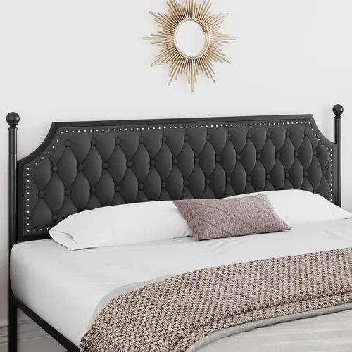 Vista 7 de Keyluv Marco de cama con dosel tapizado tamaño King con 3 cajones y cabecero capitonado con botones, cama de plataforma de metal con 4 postes Gris