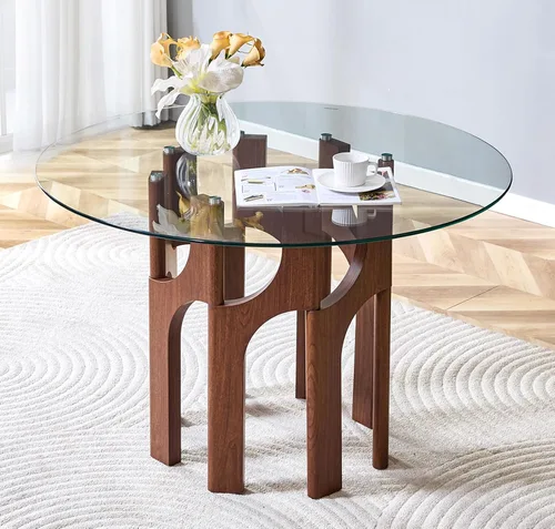 Vista 27 de Mesa de comedor redonda de 35.4 pulgadas para 4, moderna mesa de cocina de vidrio transparente para 4 personas con patas de metal dorado, mesas