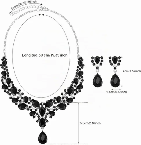 Vista 2 de Hicarer Conjunto de joyas de cristal en forma de lágrima nupcial para mujer, collar, aretes, boda Negro