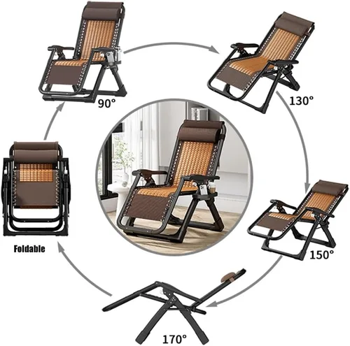 Vista 7 de Zero Gravity - Silla reclinable plegable ajustable de bambú con almohada y soporte para tazas, patio, césped, reclinable, para exteriores, piscina