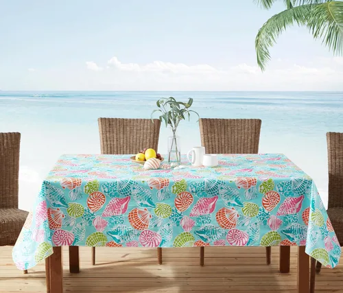 Vista 3 de Newbridge Mantel cuadrado de vinilo con parte trasera de franela, 52 x 52 pulgadas, estampado de conchas tropicales costeras, vinilo impermeable