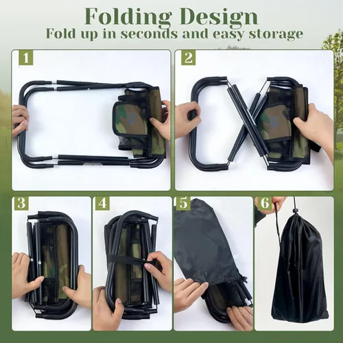 Vista 5 de Taburete plegable portátil mejorado de 13 pulgadas con bolsillo lateral de malla y sistema Molle, taburete plegable ligero para adultos, jardinería