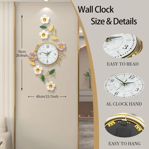 Vista 8 de FLEBLE Reloj de pared grande para decoración de sala de estar, moderno reloj de pared decorativo de flores de metal 3D, silencioso, sin tictac