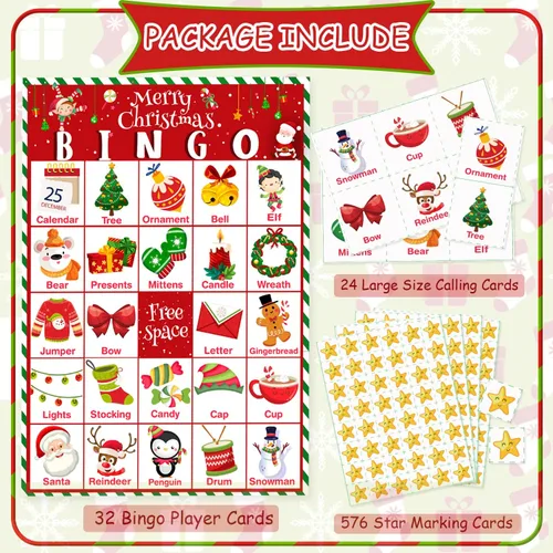 Vista 3 de Officygnet Juego de bingo de Navidad para niños, tarjetas de bingo de Navidad para 32 jugadores para actividades familiares, grupos grandes, aula
