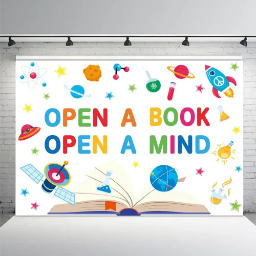 Vista 13 de AIBIIN Telón de fondo para fotografía del Día Mundial del Libro de 7 x 5 pies para fotografía Abrir un libro Abrir una mente Niños Estudiantes Aula