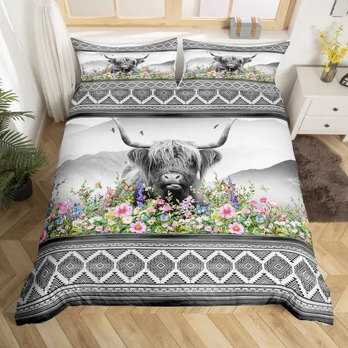 Vista 23 de Manfei Juego de funda de edredón de mariquita de tamaño individual, juego de ropa de cama de flores de acuarela de 2 piezas, funda de edredón floral