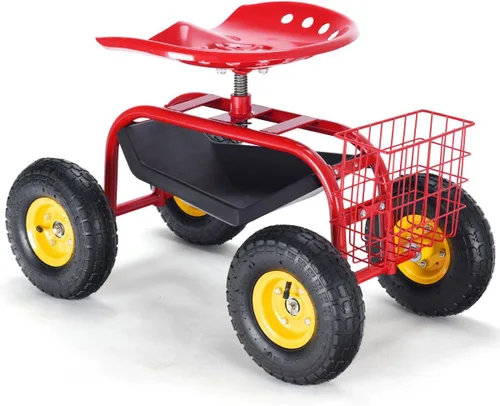 Vista 9 de Giantex Asiento de trabajo de jardín rodante, asiento de trabajo de jardinería giratorio 360 con ruedas, cesta de herramientas, altura ajustable
