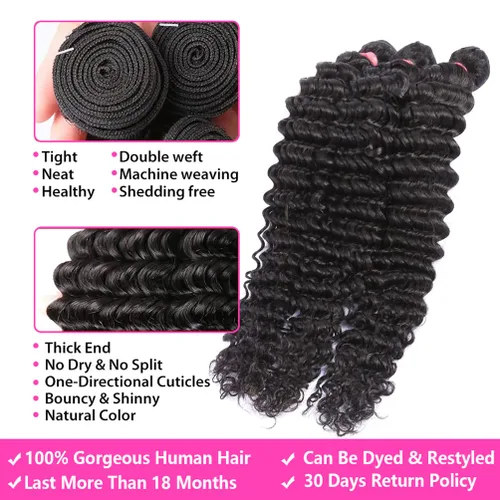 Vista 3 de Paquetes de ondas profundas con cierre (12, 14, 16 + 10 raya libre) 12A 100% sin procesar, paquetes de cabello humano virgen brasileño con cierre