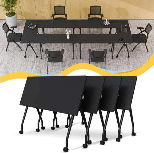 Vista 62 de Mesa de conferencias plegable con ruedas, mesa modular para sala de conferencias con 2 ojales para cables, mesas móviles de sala de reuniones